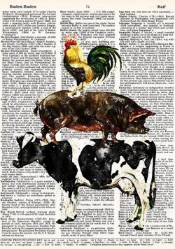 3 FARMHOUSE ANIMALS STACKED ANTIQUARIAN Dictionary Poster