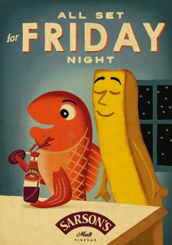 ALL SET FOR FRIDAY Vintage Picture Art Sarsons Malt Vinegar Fish And Chip Poster