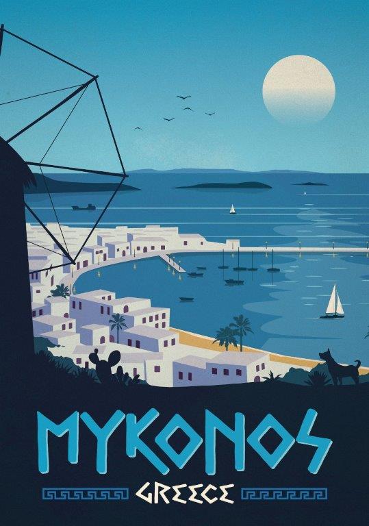 Greece Mykonos Fridge magnet Vintage Travel Poster