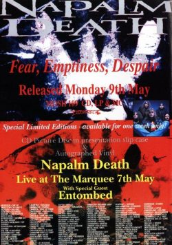 NAPLAM DEATH Fear, Emptiness Despair 1994 Tour Poster Print