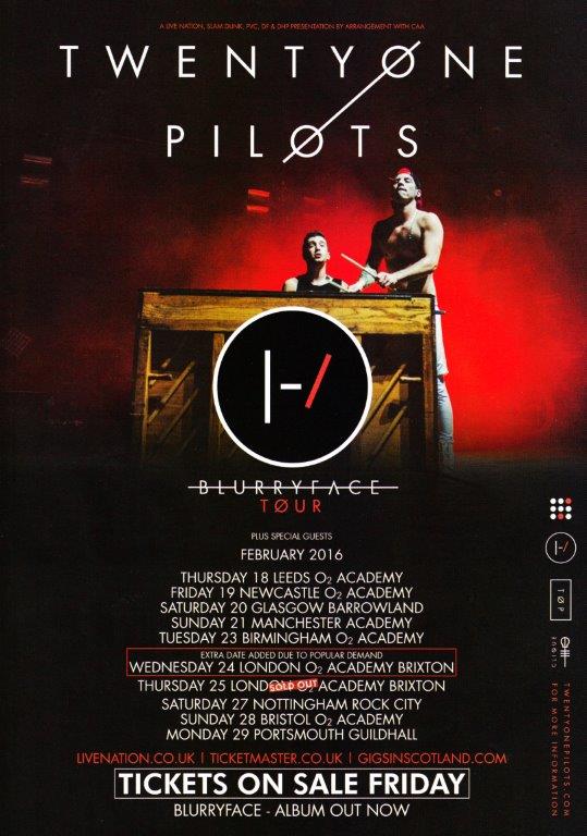 TWENTY ONE PILOTS Blurryface 2016 UK Tour Poster