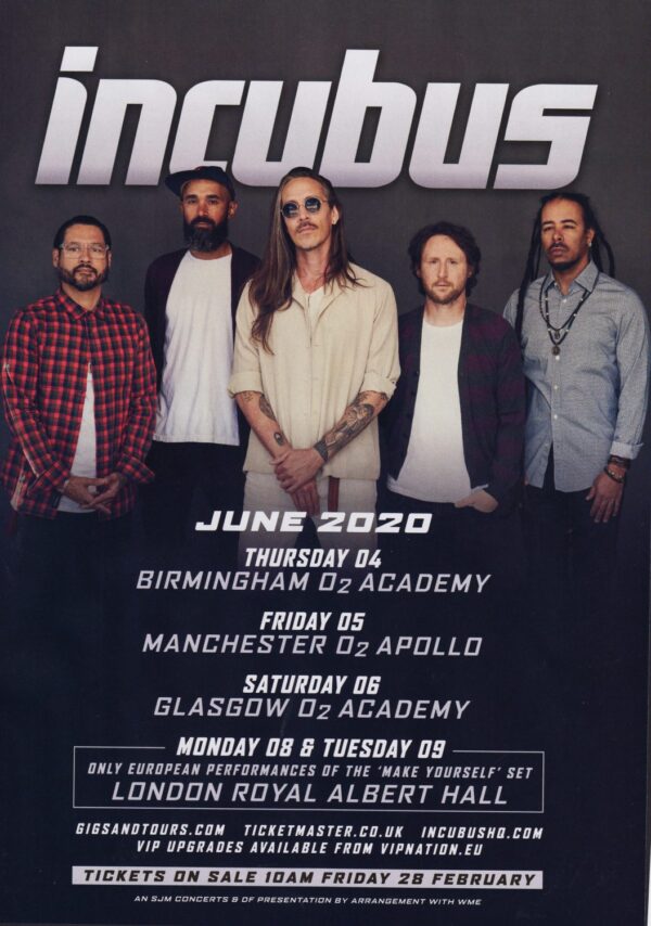 INCUBUS 2020 UK Tour Poster