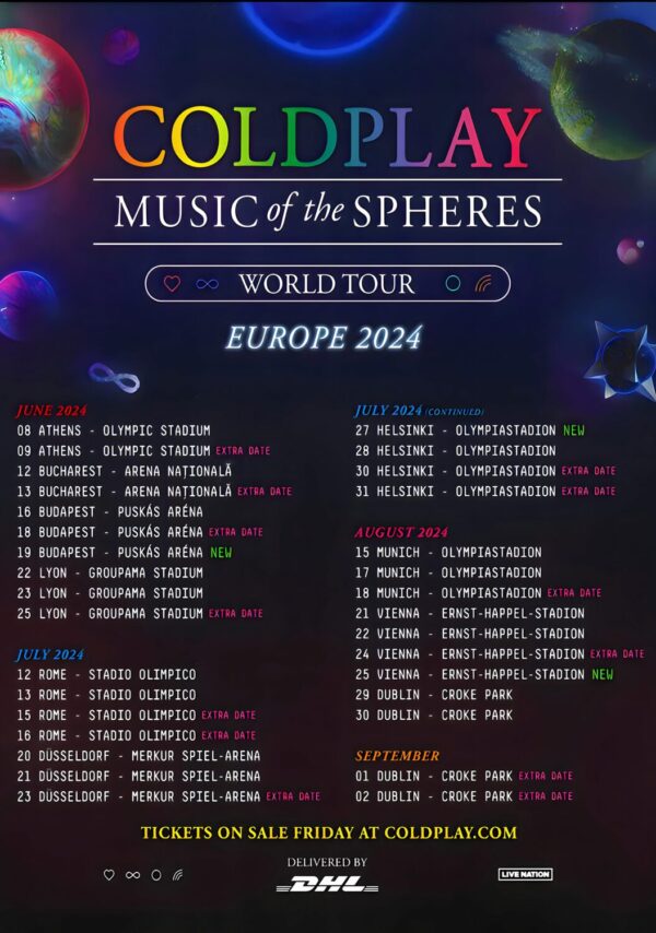 COLDPLAY Music of Spheres 2024 European Tour: Full Dates Poster Print