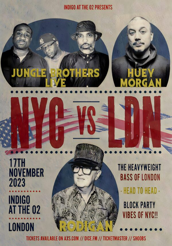 THE JUNGLE BROTHERS x HUEY MORGAN: NYC vs. LDN 2023 Tour: LONDON O2 Indigo Poster Print