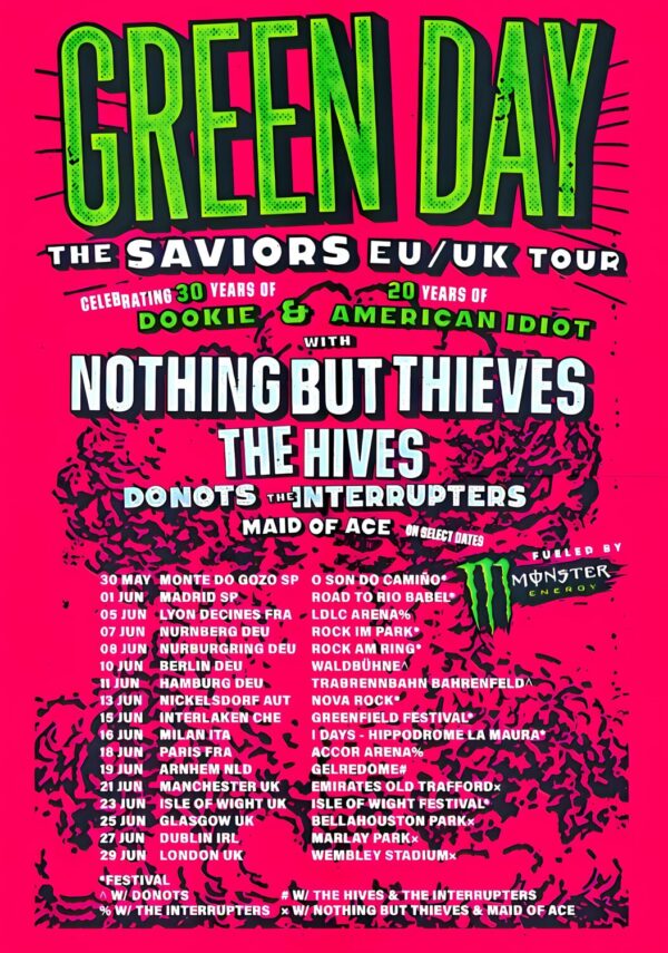 GREEN DAY The Saviors European & UK 2024 Stadium Tour - Full Dates Poster