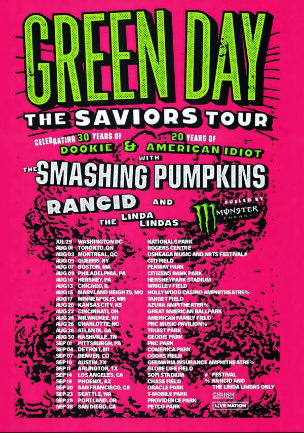 GREEN DAY The Saviors 2024 North American Stadium Tour - Full Dates Poster