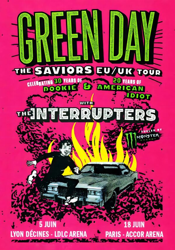 GREEN DAY The Saviors 2024 France Tour: LYON LDLC Arena & PARIS Accor Arena Poster