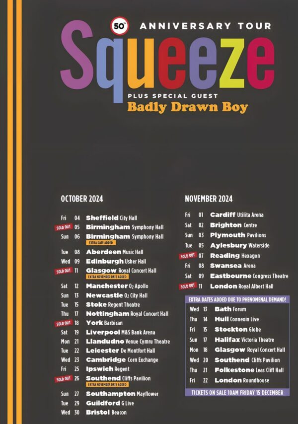 SQUEEZE (band) 50th Anniversary 2024 UK Tour Poster