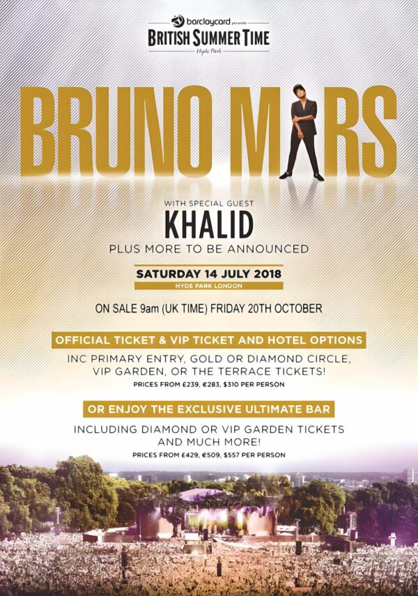 BRUNO MARS 24K Magic 2018 Tour: LONDON BST (British Summer Time Hyde Park Poster Print