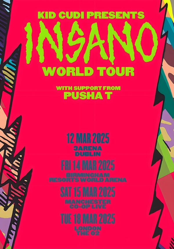 KID CUDI with Pusha T: Insano 2025 UK Tour Poster
