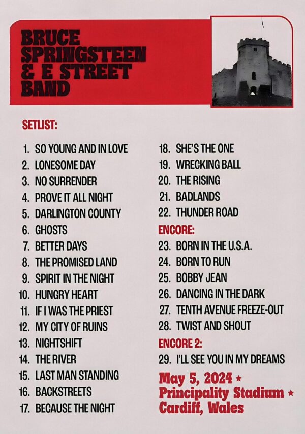 BRUCE SPRINGSTEEN & E Street Band 2024 World Tour: CARDIFF, UK Principality Stadium SETLIST Poster Print