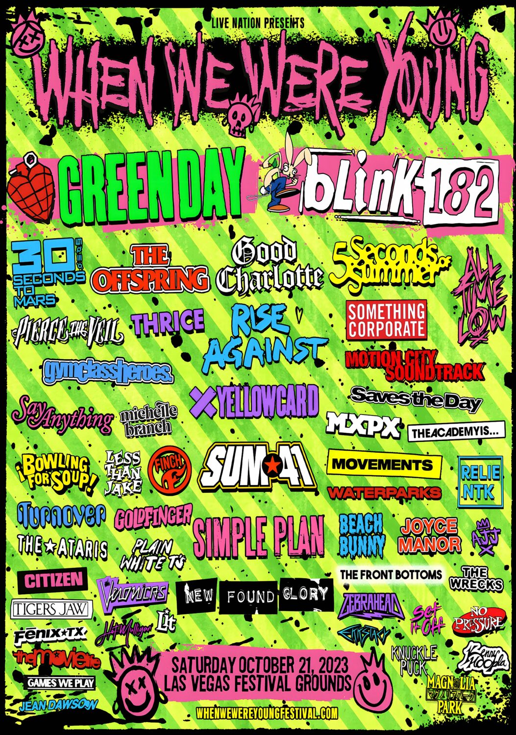 WHEN WE WERE YOUNG 2023 FESTIVAL Green Day - Blink 182 Line Up Poster