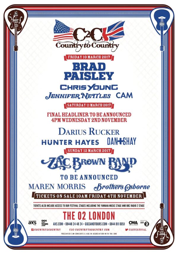 COUNTRY TO COUNTRY 2017 FESTIVAL Brad Paisley - Zac Brown Band - Darrius Rucker Line Up Poster