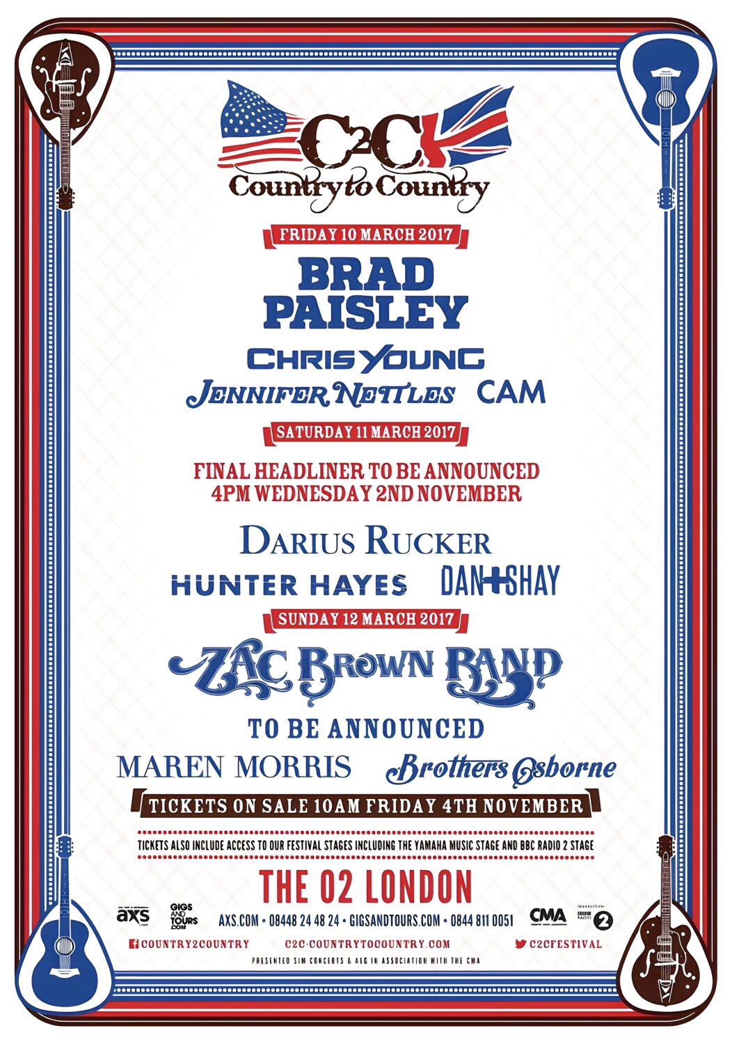 COUNTRY TO COUNTRY 2017 FESTIVAL Brad Paisley - Zac Brown Band - Darrius Rucker Line Up Poster