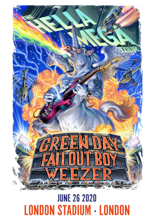 HELLA MEGA TOUR Green Day - Fall Out Boy - Weezer 2020 UK Tour: LONDON Stadium Poster