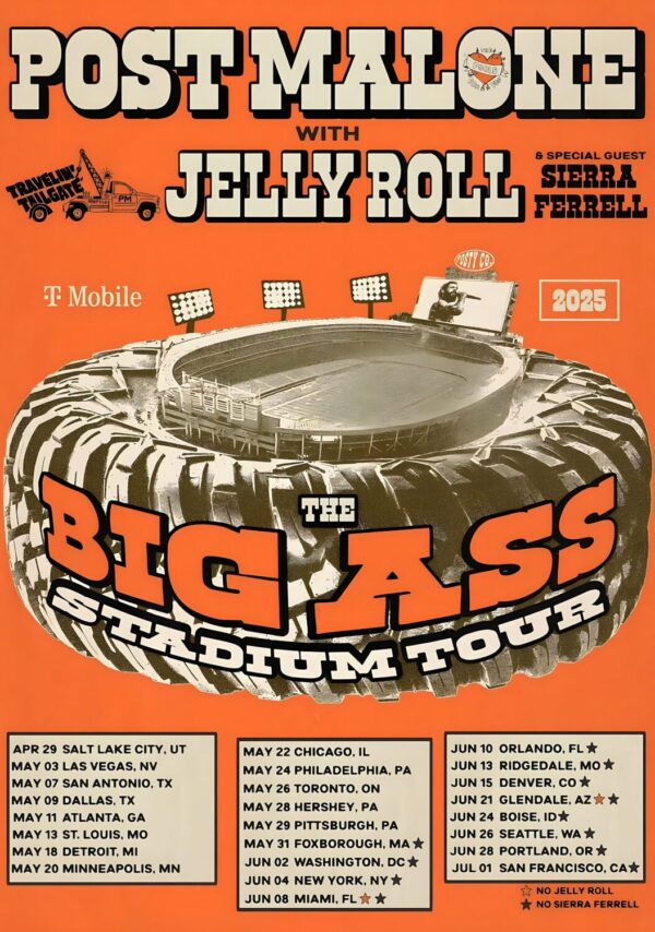 POST MALONE with Jelly Roll: The Big Ass 2025 Stadium Tour Poster Print