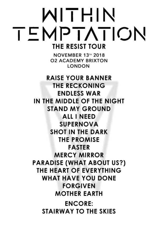 WITHIN TEMPTATION The Resist Tour: LONDON Brixton Academy - 13 Nov 2018 Setlist Poster Print