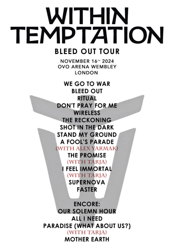 WITHIN TEMPTATION Bleed Out 2024 Tour: LONDON OVO Wembley Arena - Show Setlist Poster Print