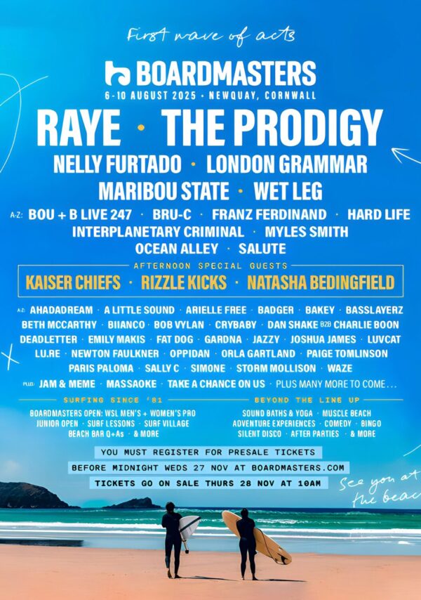 BOARDMASTERS 2025 FESTIVAL Raye - The Prodigy - London Grammar Line Up Poster