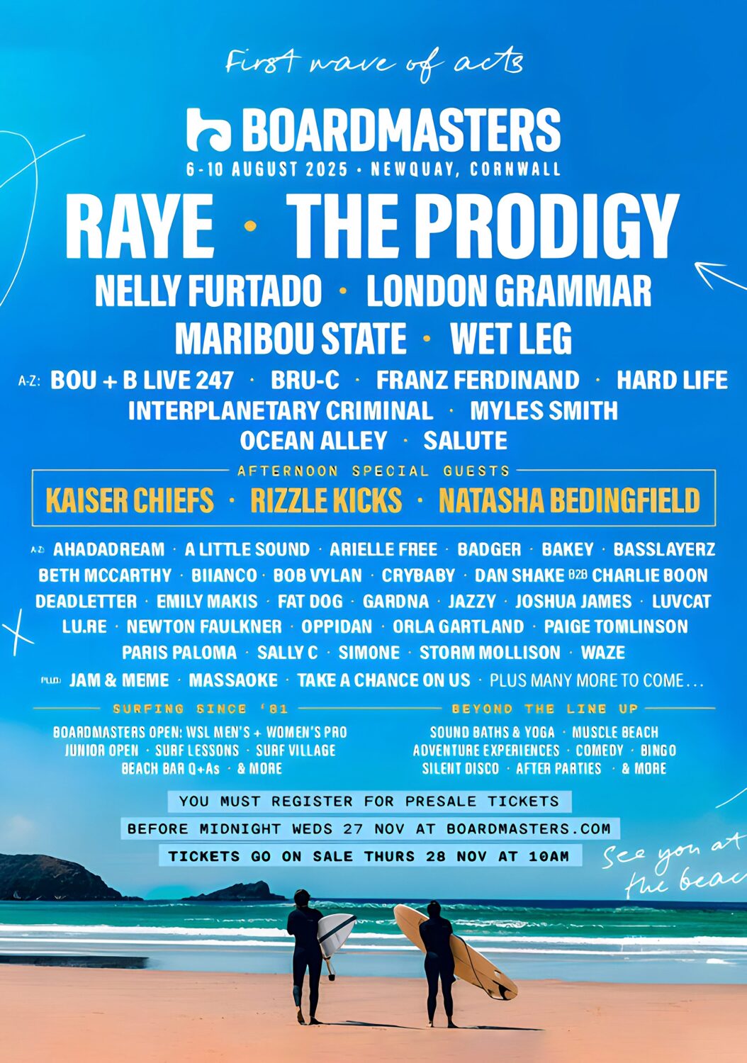 BOARDMASTERS 2025 FESTIVAL Raye - The Prodigy - London Grammar Line Up Poster