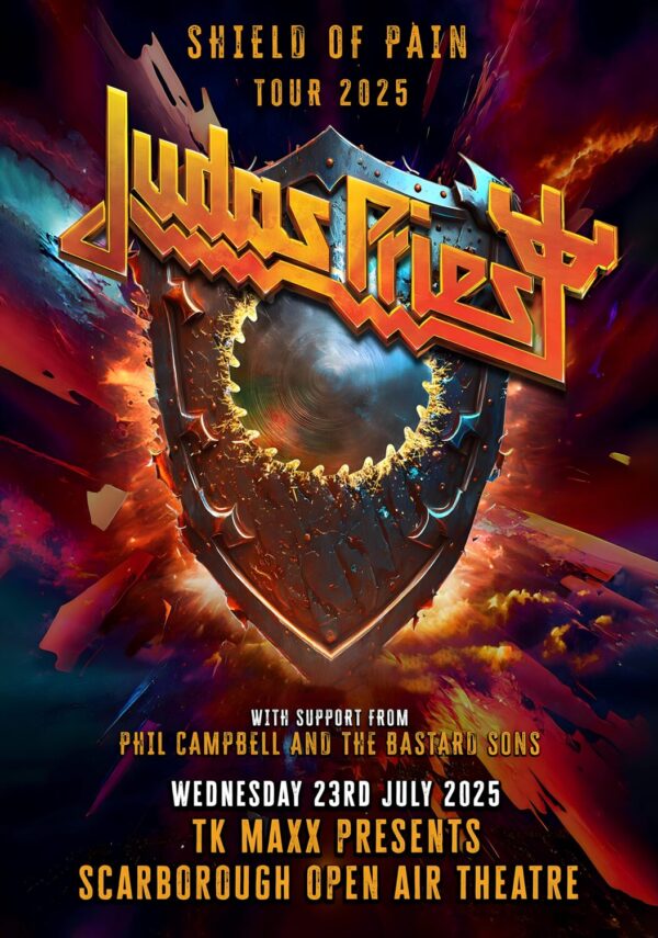 JUDAS PRIEST Shield of Pain 2025 Tour: SCARBOROUGH Open Air Theatre Poster