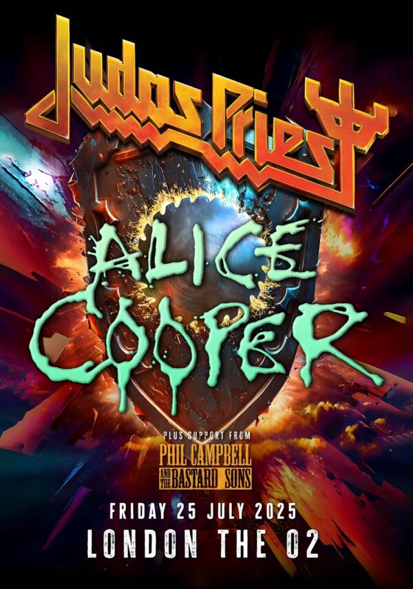 JUDAS PRIEST - ALICE COOPER Shield Of Pain 2025 Tour: LONDON The O2 Arena Poster