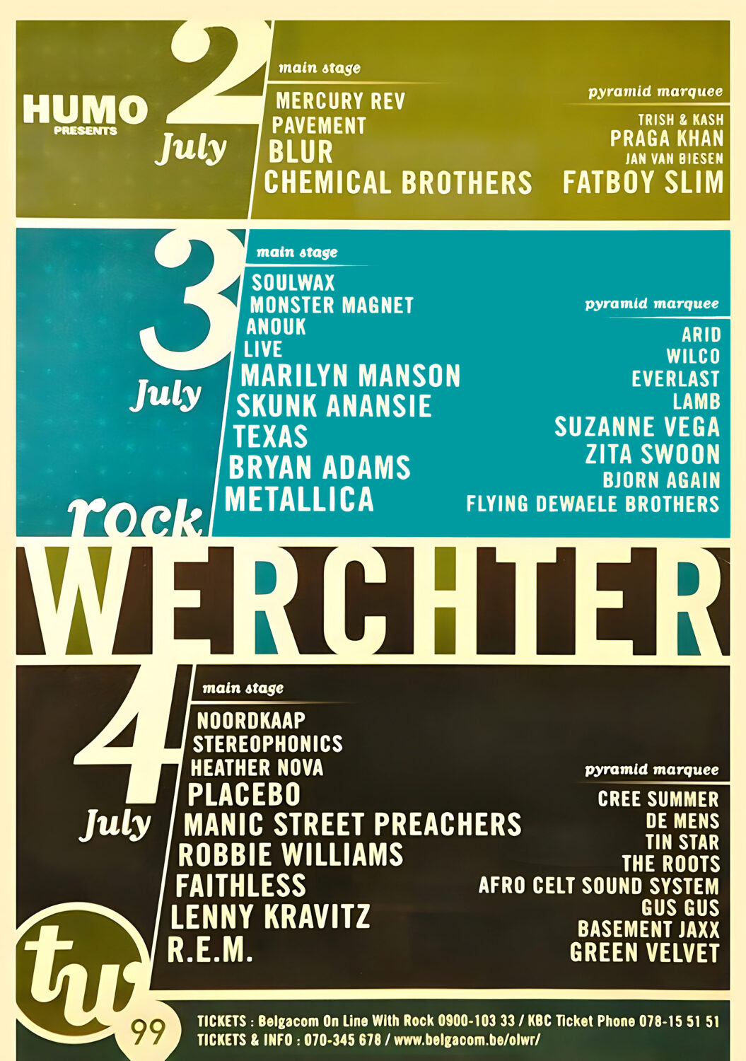 ROCK WERCHTER 1999 Blur - Metallica - R.E.M. Line Up Poster