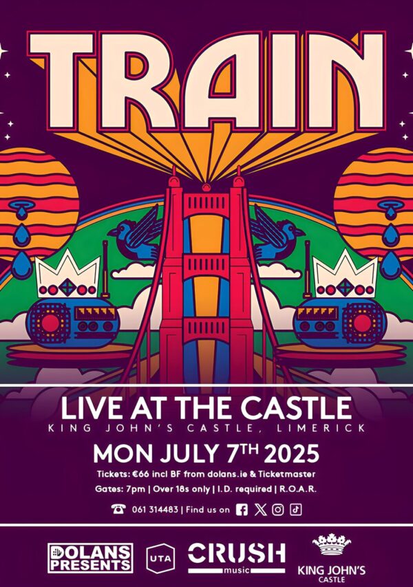 TRAIN (band) Summer 2025 UK Tour: LIMERICK King John's Castle Poster
