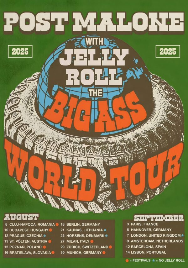 POST MALONE with Jelly Roll: The Big Ass 2025 UK & Europe Stadium Tour Poster Print