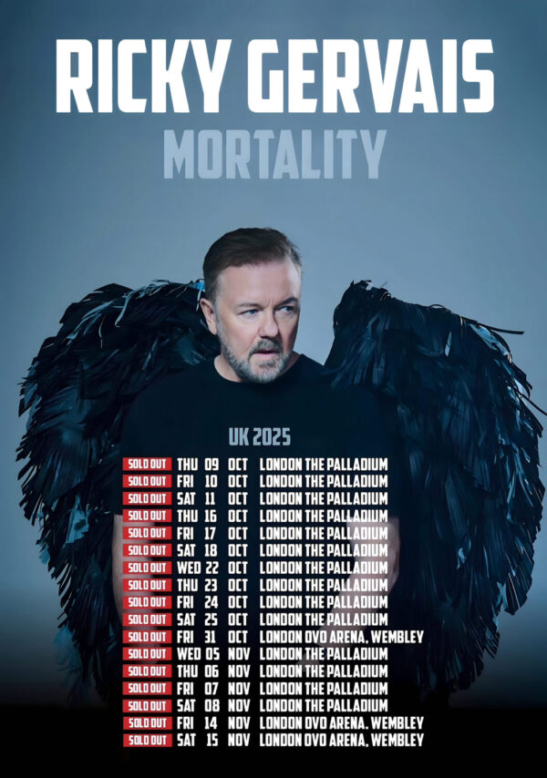 RICKY GERVAIS. Mortality 2025 Comedy Stand-Up Tour LONDON Poster Print