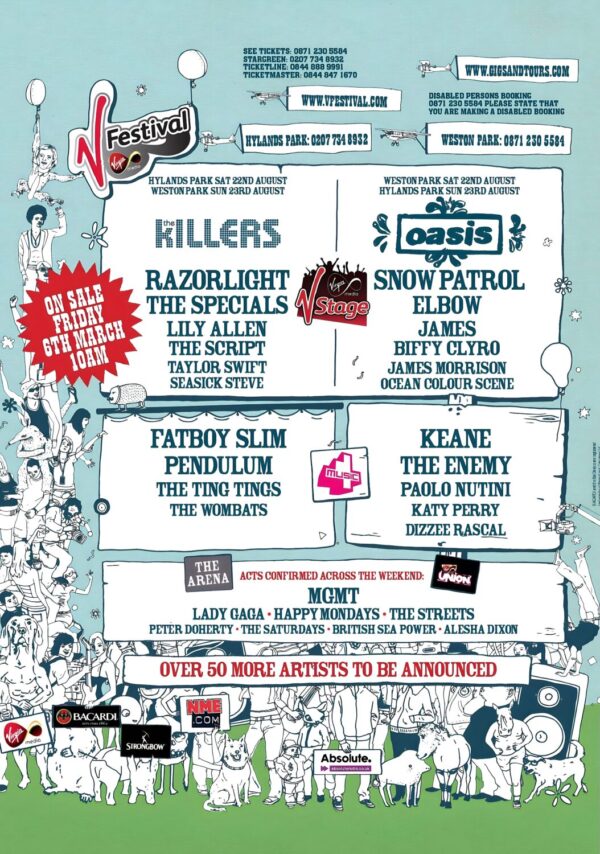V FESTIVAL 2009 The Killers - Oasis - Razorlight - Snow Patrol Full Line Up Poster