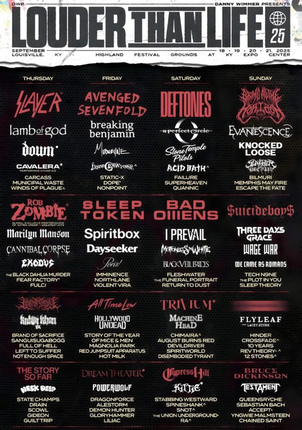 LOUDER THAN LIFE 2025 FESTIVAL Slayer - Avenged Sevenfold - Deftones - Bring Me The Horizon Line Up Poster Print
