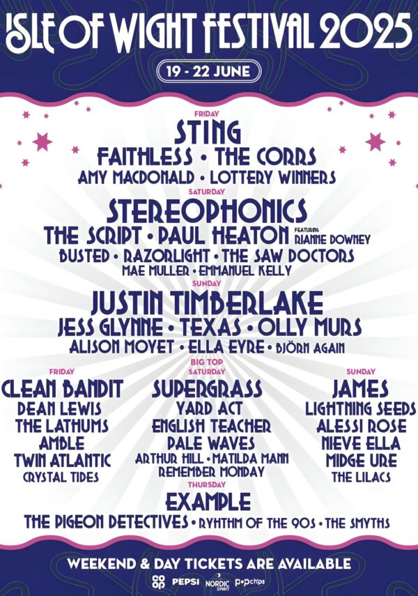 ISLE OF WIGHT FESTIVAL 2025 Sting - Stereophonics - Justin Timberlake Line Up Poster
