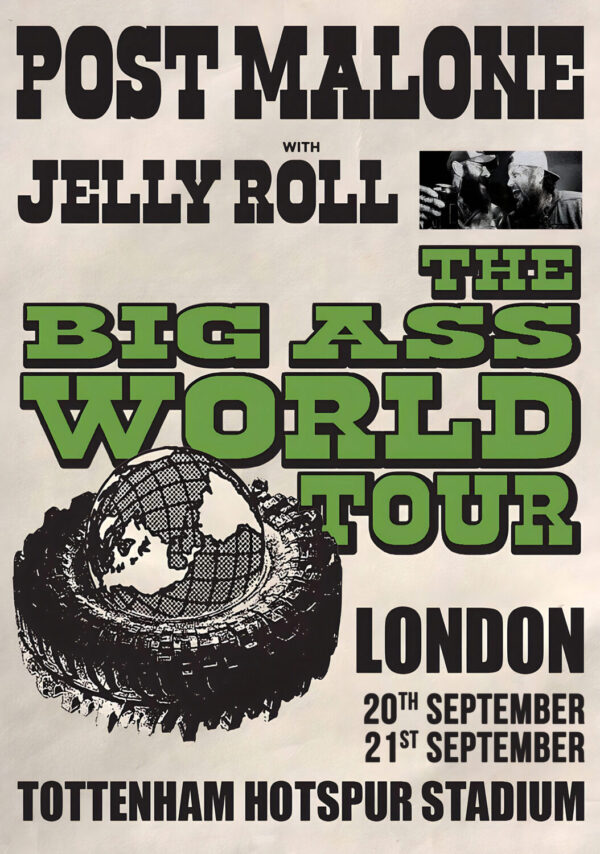 POST MALONE with Jelly Roll - The Big Ass Tour: LONDON Tottenham Hotspur Stadium Poster Print