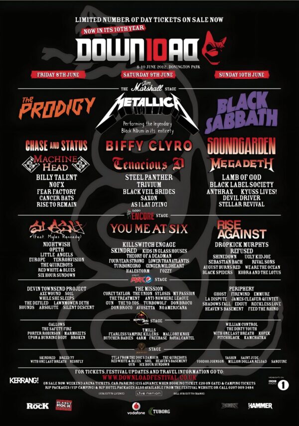 DOWNLOAD 2012 FESTIVAL The Prodigy - Metallica - Black Sabbath Line-Up Tour Poster Print