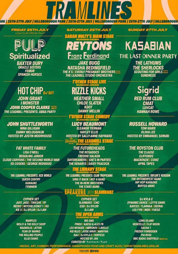 TRAMLINES 2025 FESTIVAL Pulp - Reytons - Kasabian Line-Up Tour Poster