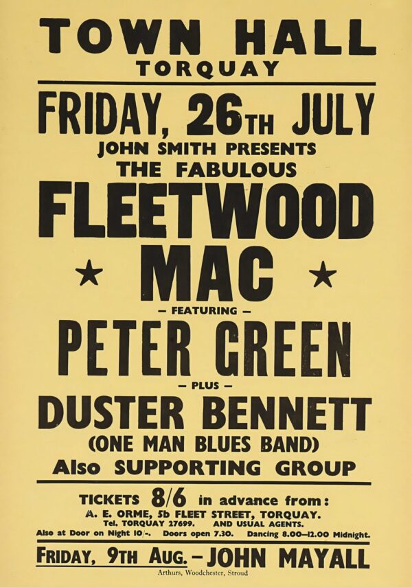FLEETWOOD MAC Peter Green 1968 UK Tour: TORQUAY Town Hall Poster