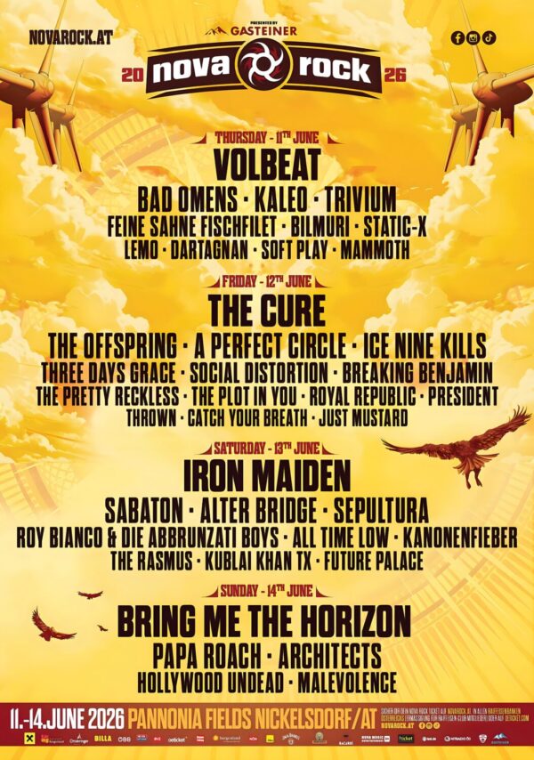 NOVA ROCK 2026 FESTIVAL Volbeat - The Cure - Iron Maiden - Bring Me The Horizon Line-Up Poster