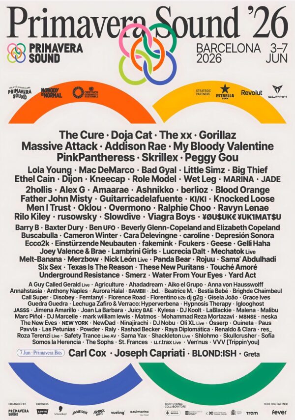 PRIMAVERA SOUND FESTIVAL The Cure - Doja Car - The xx - Gorillaz 2026 Line-Up Poster