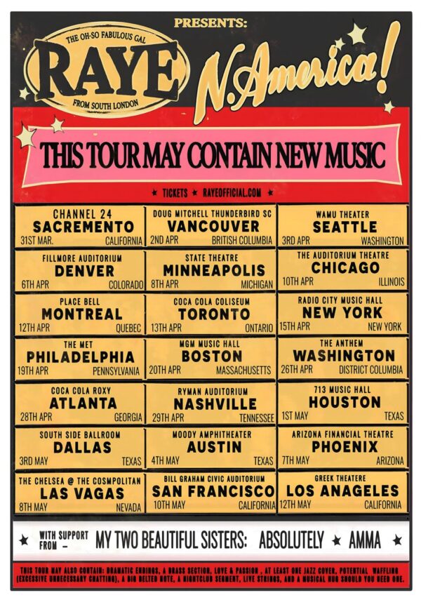 RAYE (singer) Where Is My Husband Live 2026 North America Tour Poster