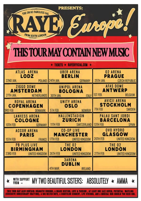 RAYE (singer) Where Is My Husband Live 2026 Europe & UK Tour Poster