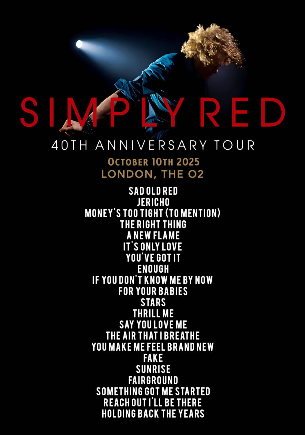 SIMPLY RED 40th Anniversary 2025 UK Tour LONDON O2 Arena Setlist Poster Print