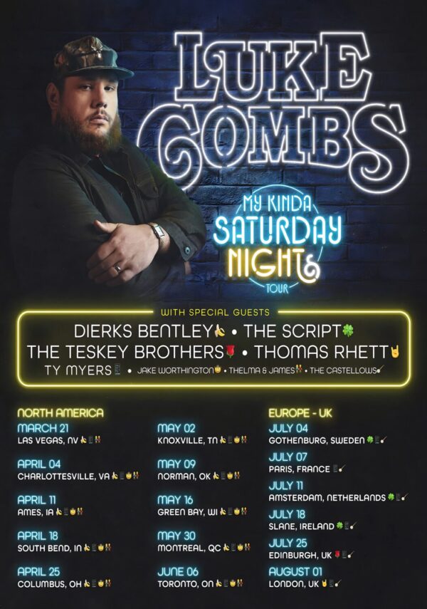 LUKE COMBS My Kinda Saturday Night 2026 North America - Europe - UK Tour Poster Print