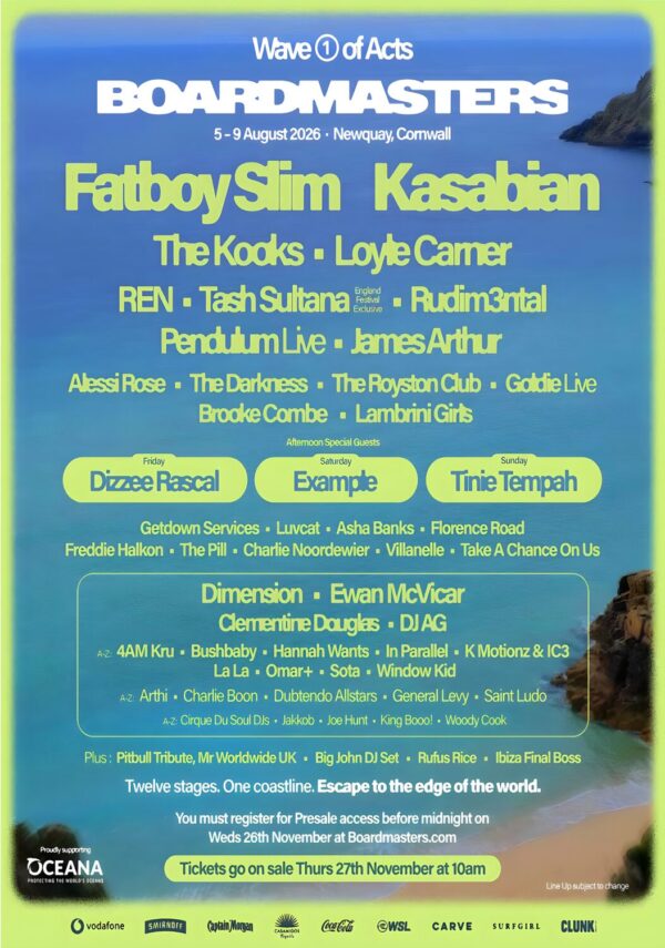 BOARDMASTERS Festival 2026 Fatboy Slim - Kasabian - The Kooks Line-Up Tour Poster