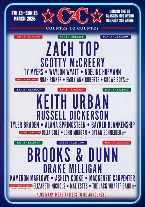 COUNTRY TO COUNTRY Festival 2026 Zach Top - Keith Urban - Brooks & Dunn Tour Poster