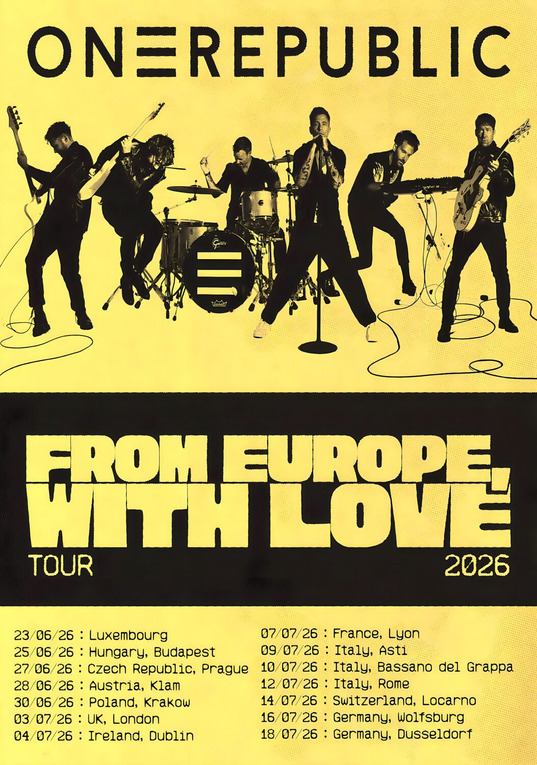 ONE REPUBLIC From Europe With Love 2026 Tour Poster