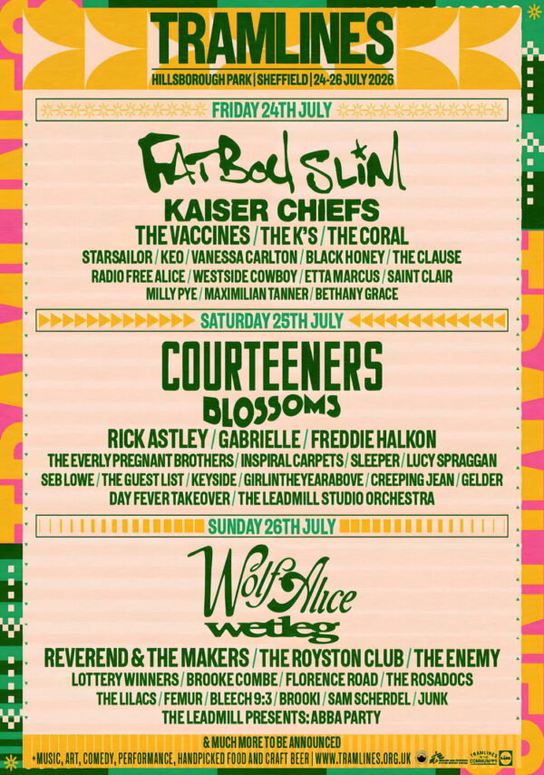 TRAMLINES Festival 2026 Fatboy Slim - Courteeners - Wolf Alice Line-up Poster