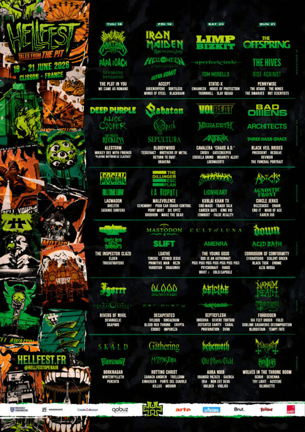HELLFEST Festival 2026 Bring Me The Horizon - Iron Maiden - Limp Bizkit - Offspring Line-Up Poster