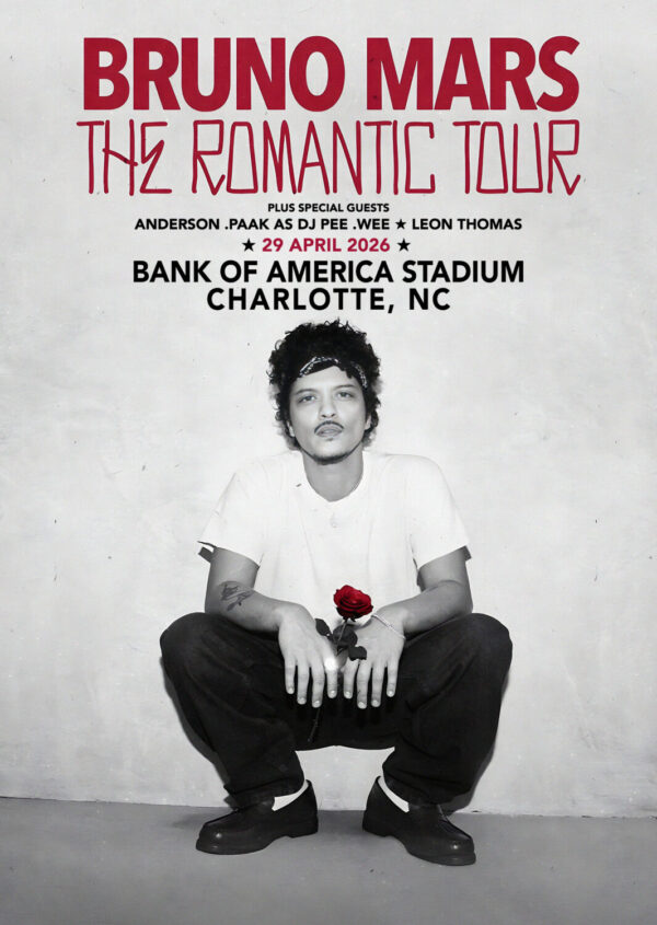 BRUNO MARS The Romantic 2026 Tour CHARLOTTE Bank of America Stadium Poster