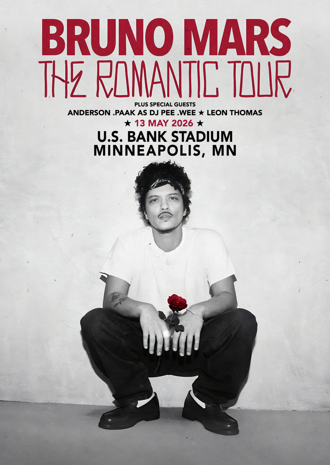 BRUNO MARS The Romantic 2026 Tour MINNEAPOLIS U.S. Bank Stadium Poster